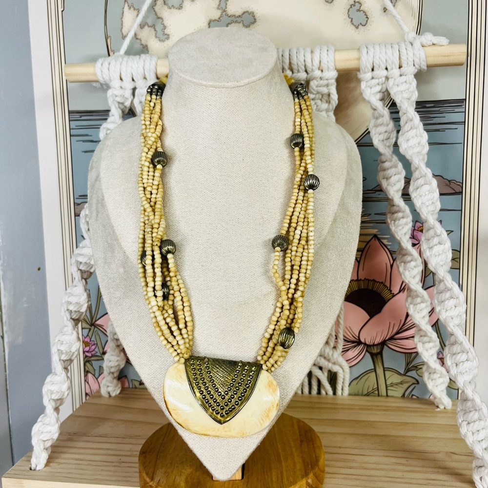 Vintage Carved Bone Pendant Necklace Cream Natural Color Beaded Brass Accent Boh